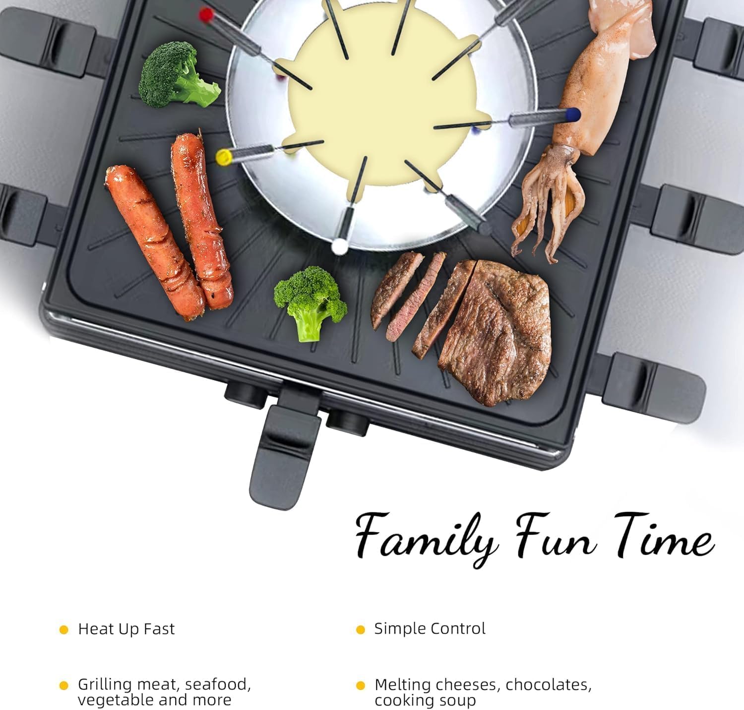 GIVENEU Raclette und Fondue Set elektrisch, 600ml Fondue Topf mit Grillplatte, 8 Farbmarkierte Gabeln, 8 Antihaft-Pfännchen, Doppelthermostat für Käse, Schokolade und Grillen