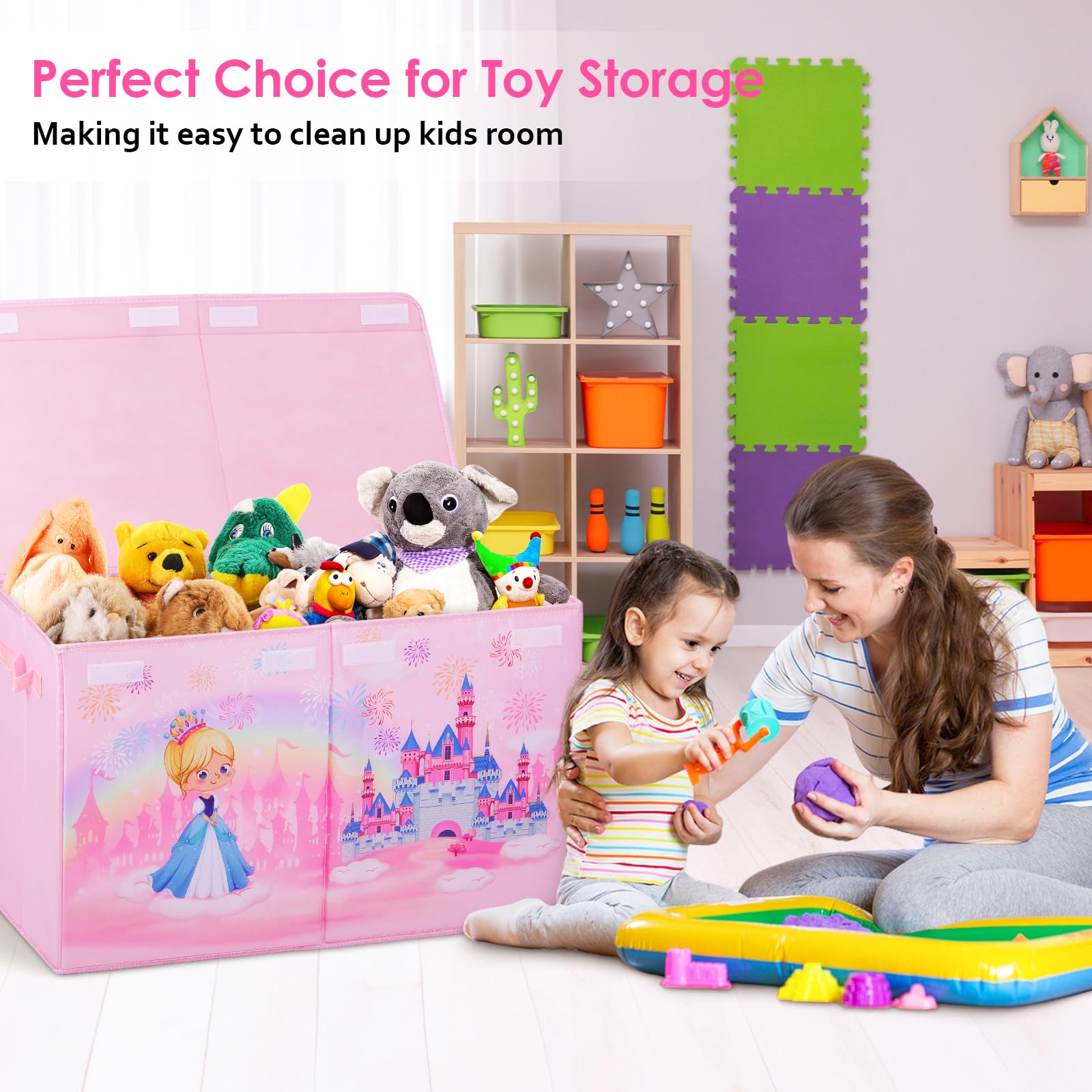 Caja de Juguete con Tapa Abatible para Infantils, Caja Almacenaje Plegable Oxford con Asa para Niños Niñas, Baúl Juguetes y Almacenamiento Impermeable Robustez, 65×30×40 cm (Castillo Princesa)