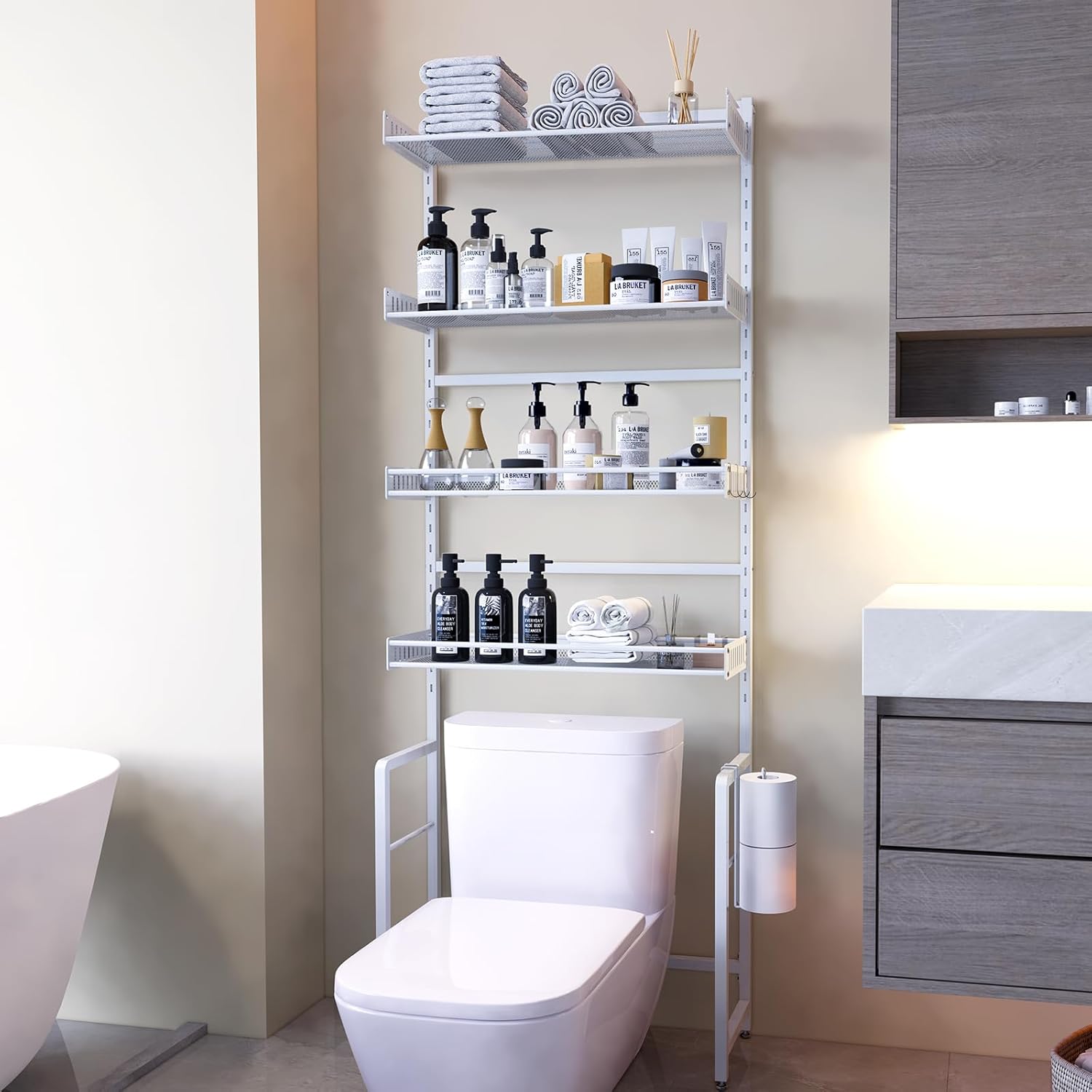 Tokokimo Over The Toilet Storage Shelf?4 Tier Over Toilet Bathroom Organizer with Adjustable Shelf Waterproof Feet Pad and Basket, Freestanding Bathroom Shelves Above Toilet Space Saver, White