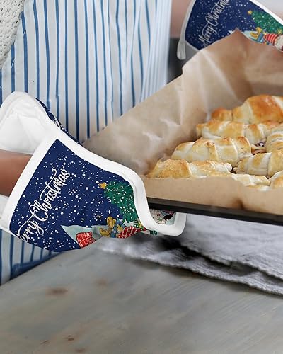 Miniatura 6 de Juego de 2 agarraderas de tela de toalla antideslizantes y aislantes de calor con bolsillo, guantes gruesos para horno, posavasos para hornear,