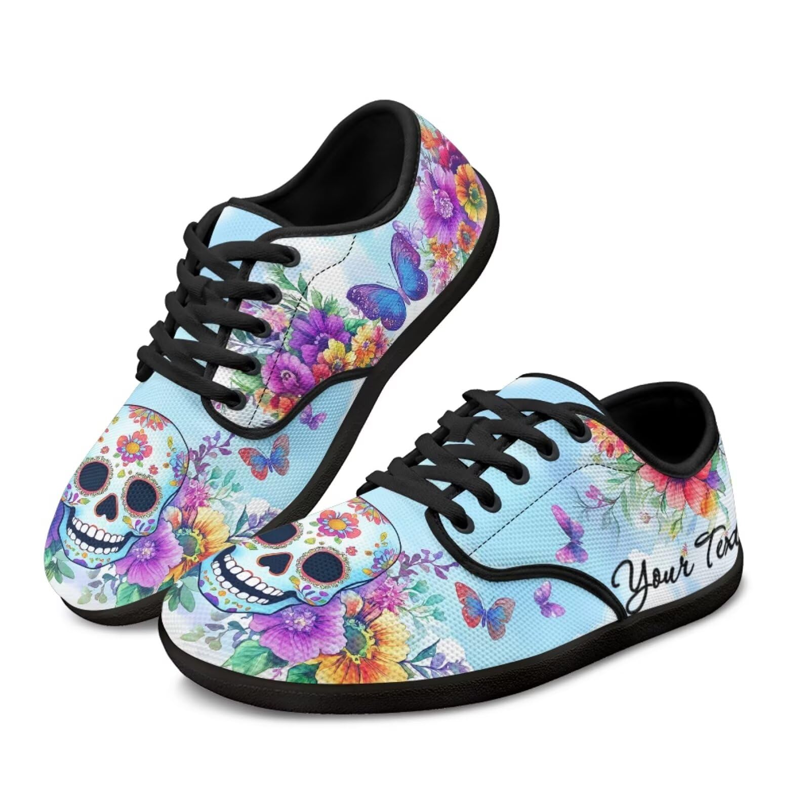 Binienty Womens Wide Toe Box Sneakers Sugar Skull Print Zero Drop Shoes Art Painted Lace up Kint Tennis SHOS Breathable Lightweight Athletic Hiking Water Shoes Quick Dry
