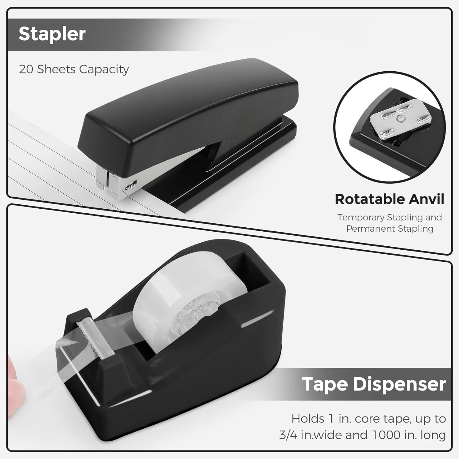 SKYDUE Black Office Supplies, Mesh Desk Organizer, Stapler, Tape Dispenser, Scissors, Binder/Paper Clips and 1000pcs Staples, Desk Supplies Set