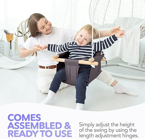 Miniatura 6 de CaTeam - Columpio de lona para bebé, silla colgante de madera con cinturón de seguridad, columpio duradera para bebé, columpio para exteriores e