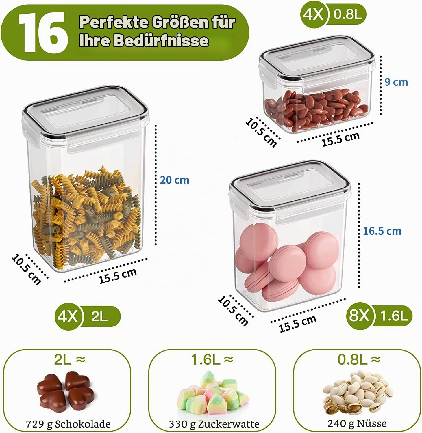 Withosent Vorratsdosen Luftdicht 16er Set, Aufbewahrungsbox Küche mit Deckel aus Plastik, Vorratsbehälter Vorratsdose Organizer für Mehl Müsli Cornflakes(2L 1.6L 0.8L)