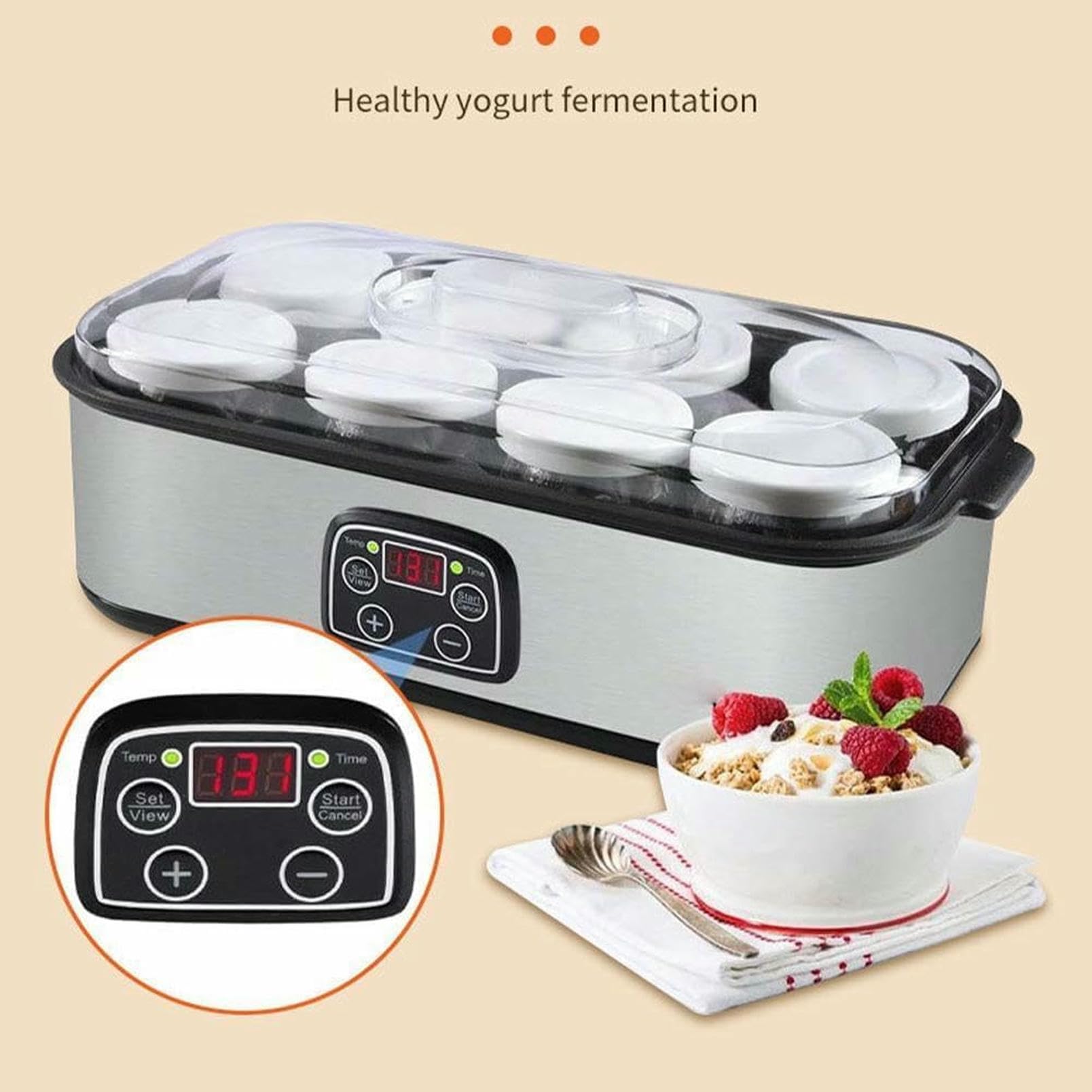 Yogurtera Automática con Control De Temperatura Y Tiempo Ajustable, con 9 Tarros De Cristal De 170ml, para Yogur Y Pan