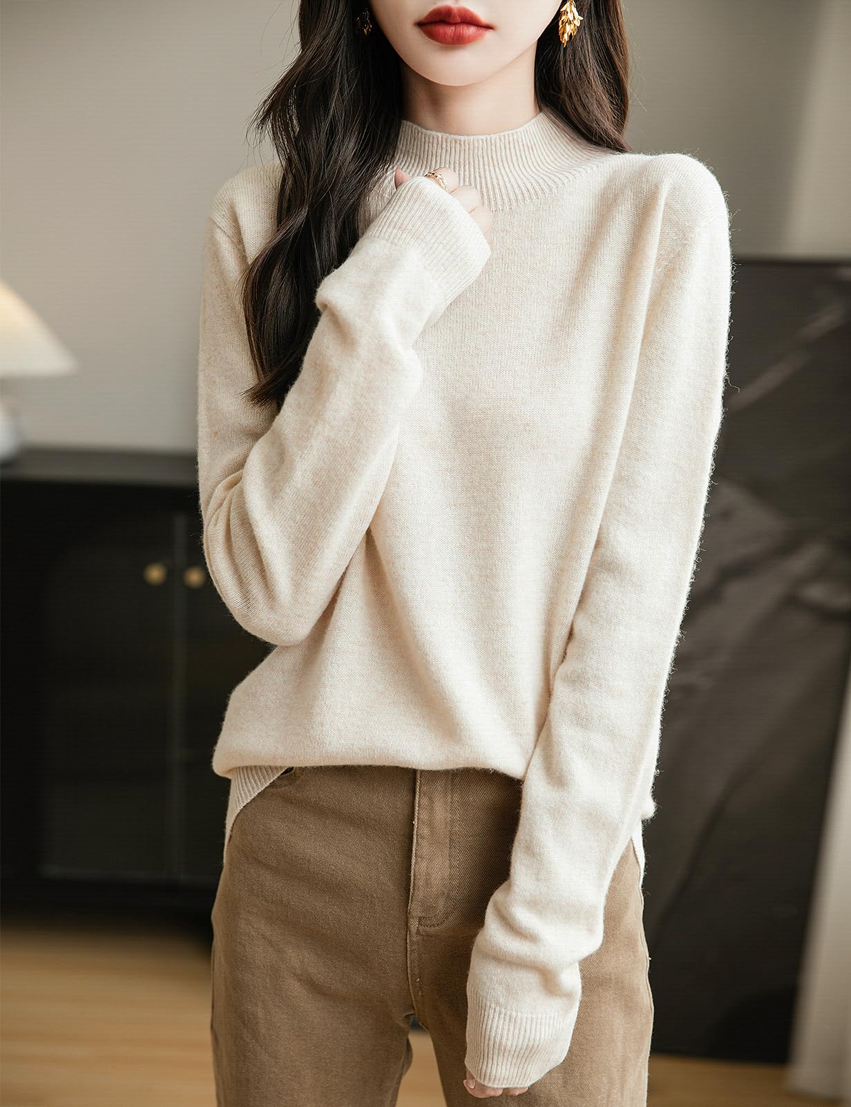 Chanyarn Maglione da Donna in 100% Lana Merino Collo Alto Demi Lavorato a Maglia Senza Cuciture a Maniche Lunghe