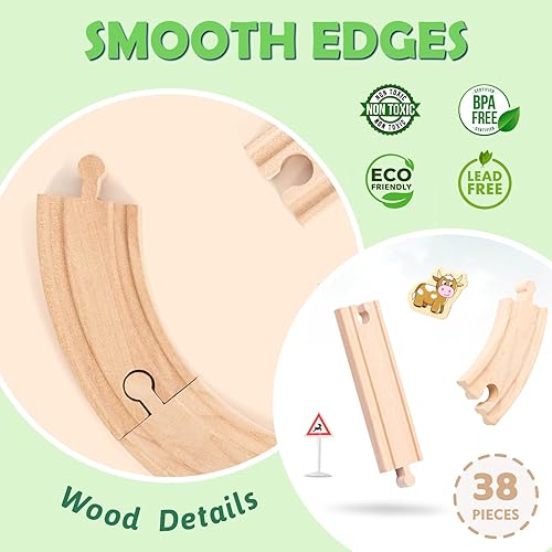 Miniatura 3 de Wdmiya Juego de tren de madera para niños pequeños, 38 piezas de pista de tren de madera para niños, juguete de tren con puente y pistas (se adapta