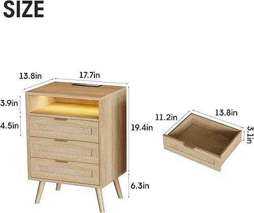 Miniatura 2 de Mesita de noche de ratán con estación de carga, puerto USB, luces LED y 3 cajones de almacenamiento, muebles de dormitorio, mesita de noche, mesa