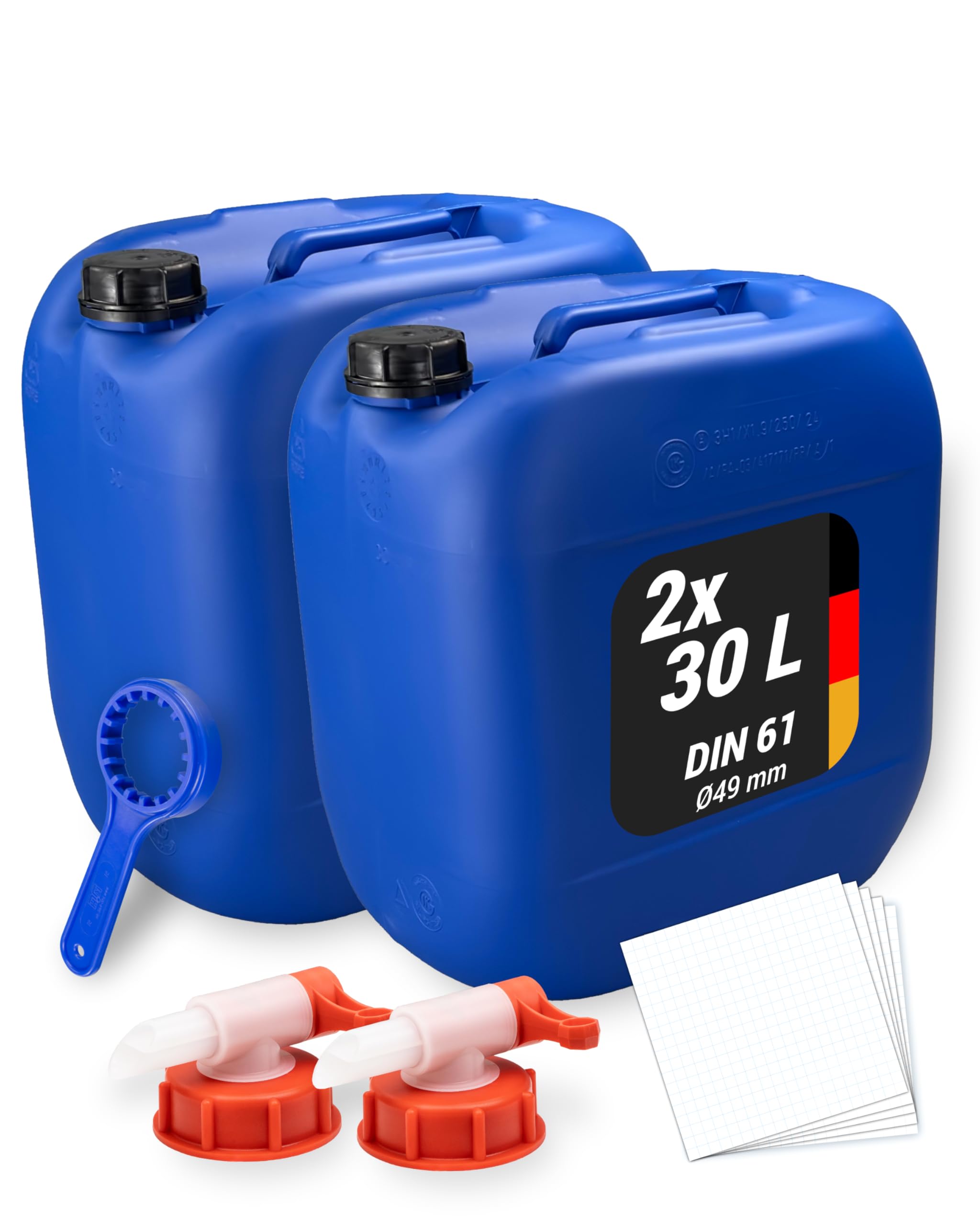 Trevendo 2er-Set Wasserkanister - Kunststoffkanister (30 Liter, DIN 61, Ø49 mm, blau) - lebensmittelecht & BPA-frei - inkl. Deckel, 2 Auslaufhähne, Ringschlüssel & 5 Beschriftungsetiketten