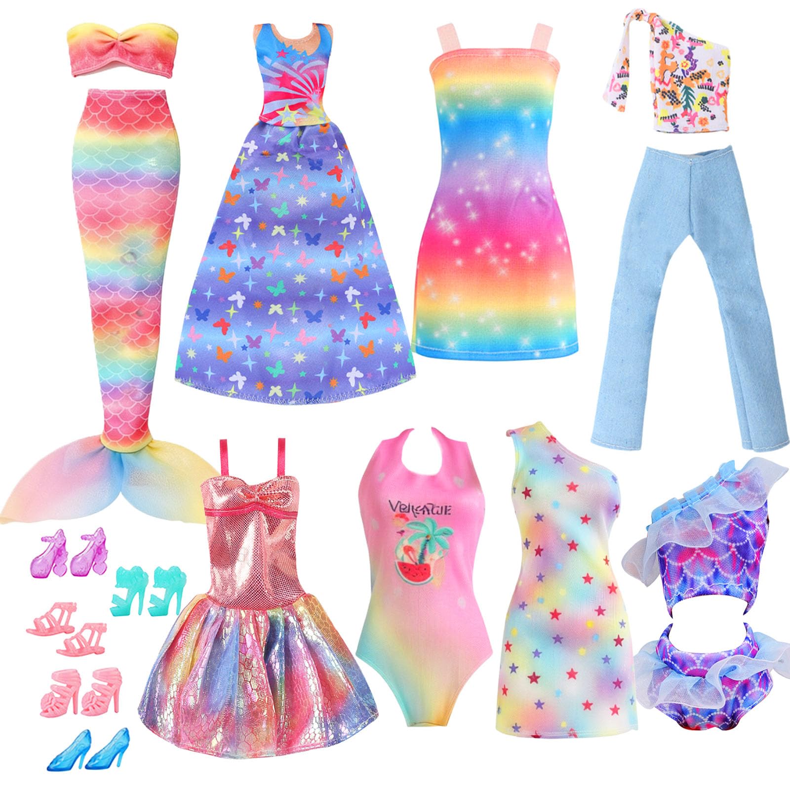 16 Pcs Doll Clothes and Shoes Compatible with Barbie 11.5 inch Doll, Include 1 Mermaid Dress 2 Strappy Top 2 Dress 1 Trousers 4 Sets Swimwear 5 Shoes, Girl Gifts