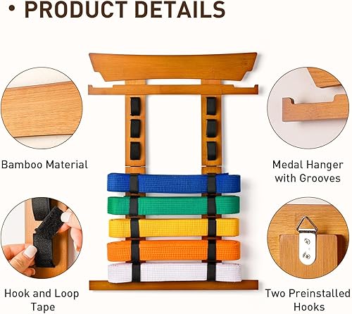 Miniatura 3 de Tilhumt Estante de exhibición de cinturón de karate de 8 cinturones con colgador de medallas y calcomanías, soporte para cinturón de taekwondo,