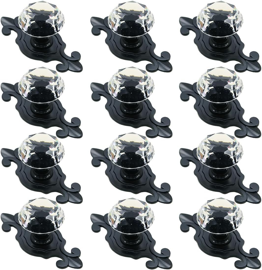 Crystal Glass Cabinet Knobs, Elegant Diamond Drawer Knobs with Plate, Dresser Pull Handles for Kitchen/Cupboard/Wardrobe/Cabinet (12, Crystal-Backplate)