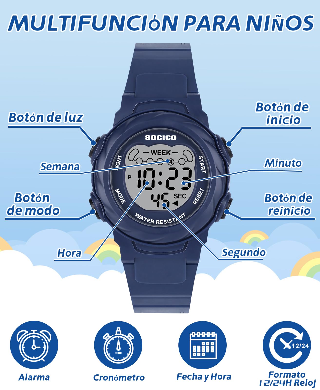 SOCICO Reloj Digital para niños y niñas, Resistente al Agua 5ATM, Reloj Infantil Iluminado con 7 Colores y cronómetro con Alarma para niños y niñas de 5 a 12 años.