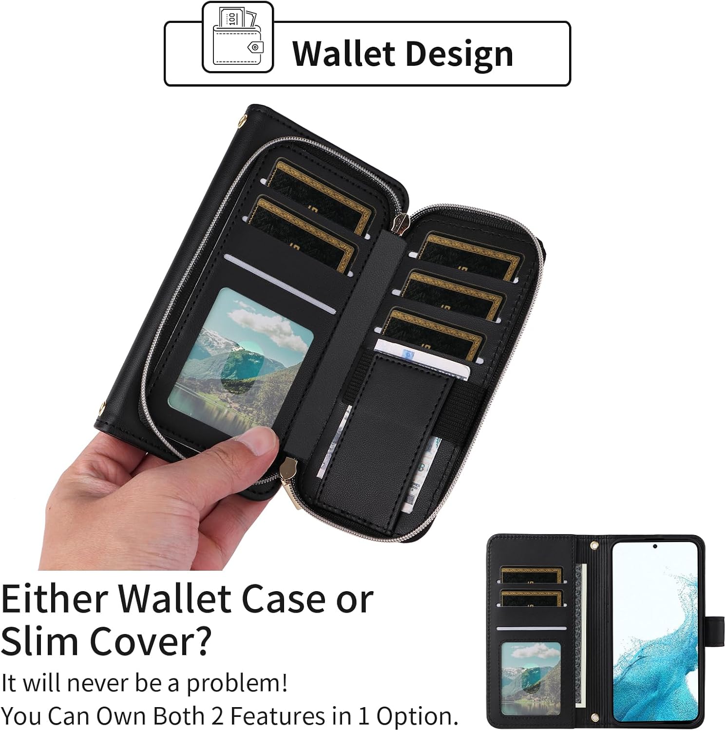 Wallet Case for Samsung Galaxy S21 5G 6.2 inch with Wrist Strap, 9+ Card Slots Zipper Purse, Luxury PU Leather Stand Full Body Accessories Cell Phone Cover for S 21 21S G5 Women Girls Black