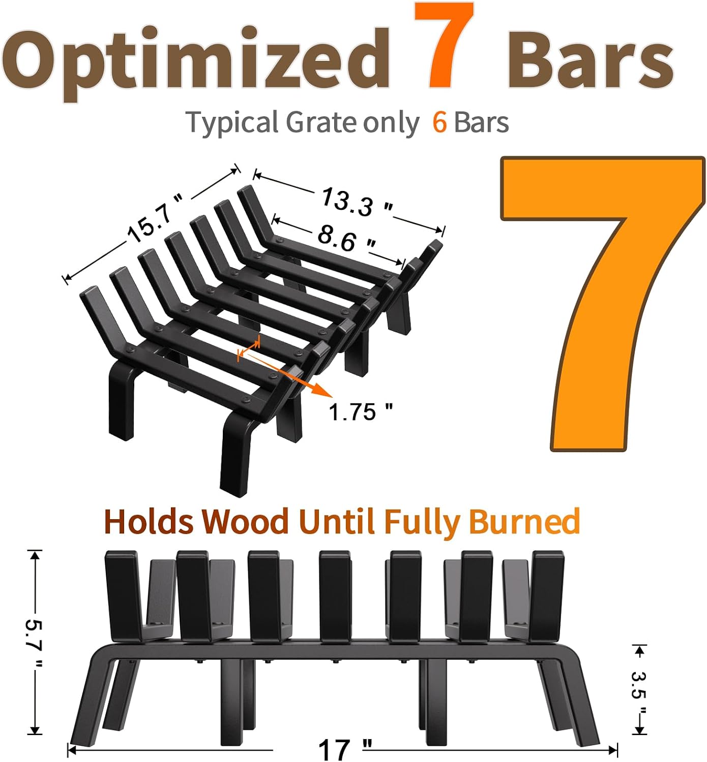 Amagabeli Fireplace Grate 17 Inch with 8 Support Legs Solid Steel Heavy Duty Firewood Log Burning Rack Fire Grates Fireplace Log Holder Wrought Iron Log Grate for Outdoor Firepit Kindling Tools