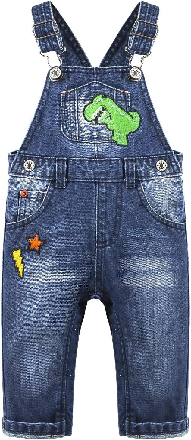 KIDSCOOL Toddler Baby Denim Overalls Striped Patch Jean Bib Romper Jumpsuit