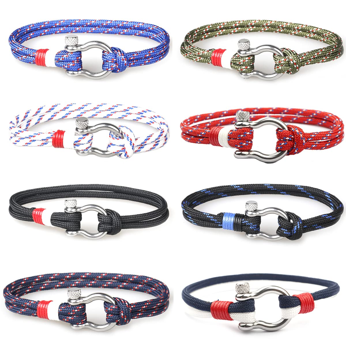 FINZOR8Pcs Mens Rope Bracelet Stainless Steel Silver Shackle Extremely Scratch Resistant Waterproof Paracord Handmade Nautical Wristband Bracelet for Men