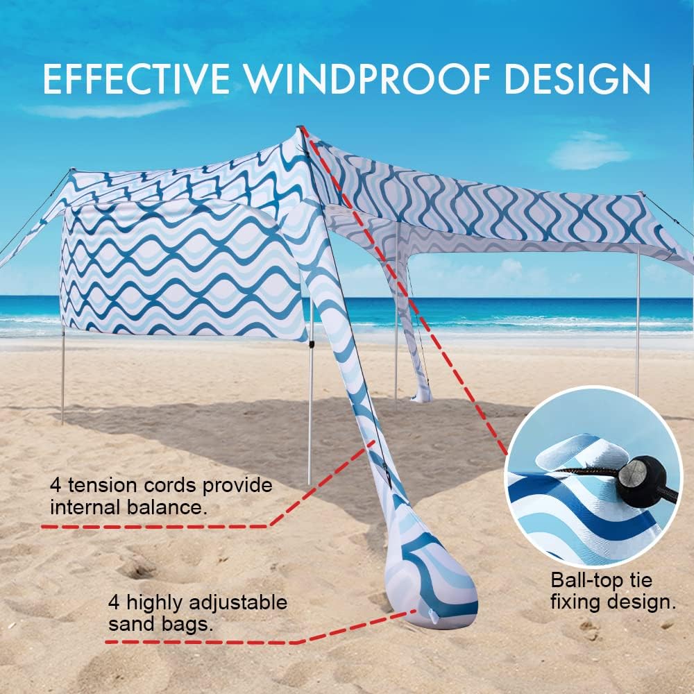 Beach Canopy Tent Shade with Sidewalls 10x10FT, 6.6FT Tall, UPF50+ Sun Shelter, Windproof & Water Resistant, Includes Guylines Sand Shovel Stability Poles, Easy Up for Beach Outdoor Camping Backyard