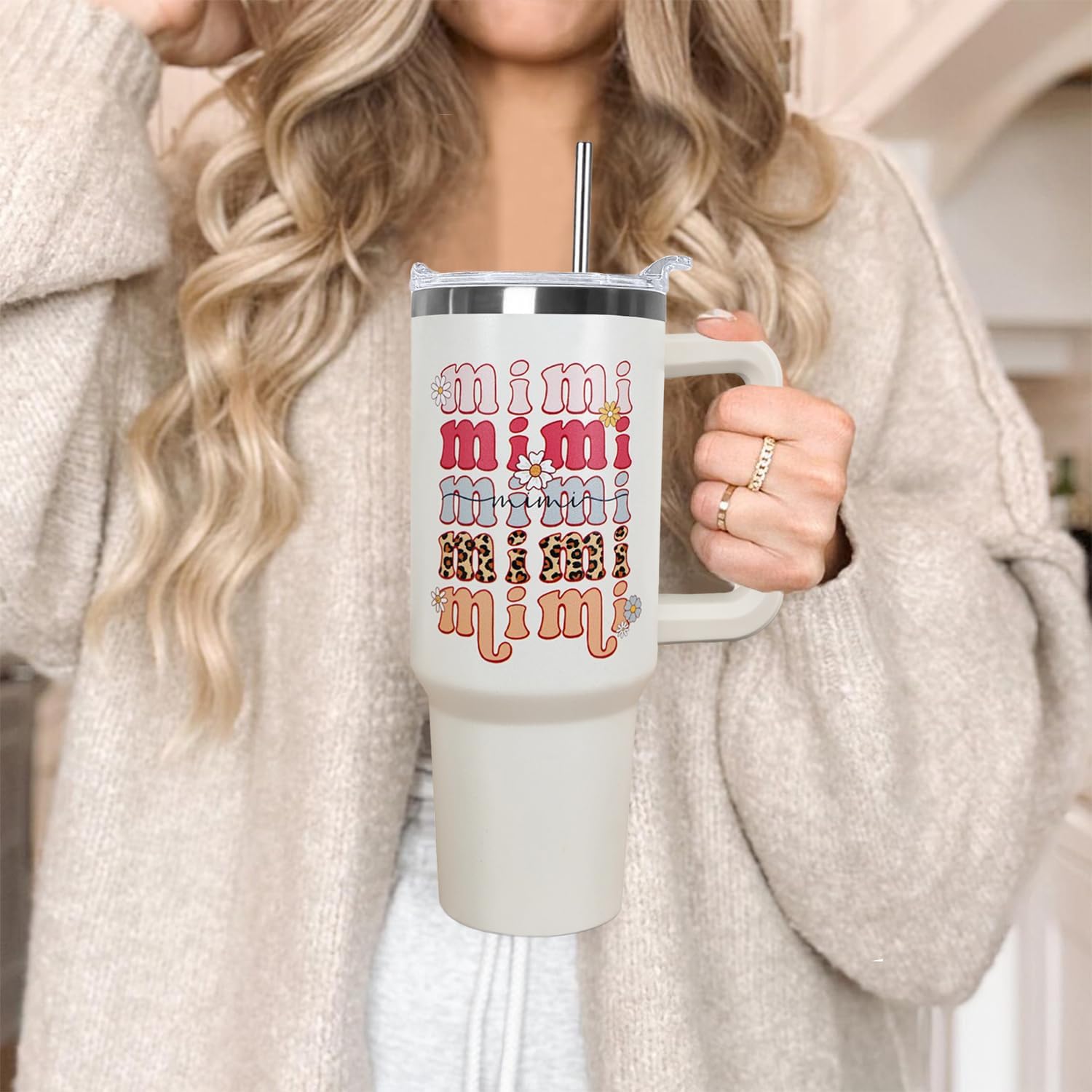 Ceovfoi 40 oz Mimi Vacuum Insulated Water Bottle Travel Coffee Mug Cup Tumbler with Handle Lid and Straw, Mothers Day Mimi Gifts for Grandmother - Image 7