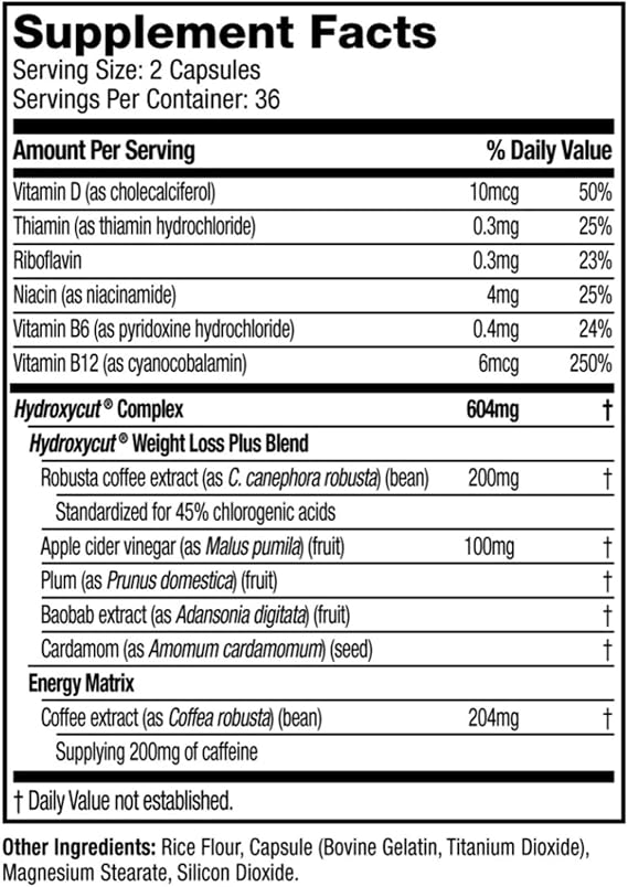 Hydroxycut Original - Thermogenic Supplement - Metabolism & Energy Support - Caffeine 200 mg, C. canephora robusta, Apple Cider Vinegar, Vitamins B & D - for Men & Women - 72 Rapid-Release Capsules
