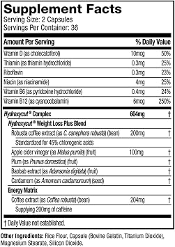 Hydroxycut Original - Thermogenic Supplement - Metabolism & Energy Support - Caffeine 200 mg, C. canephora robusta, Apple Cider Vinegar, Vitamins B & D - for Men & Women - 72 Rapid-Release Capsules