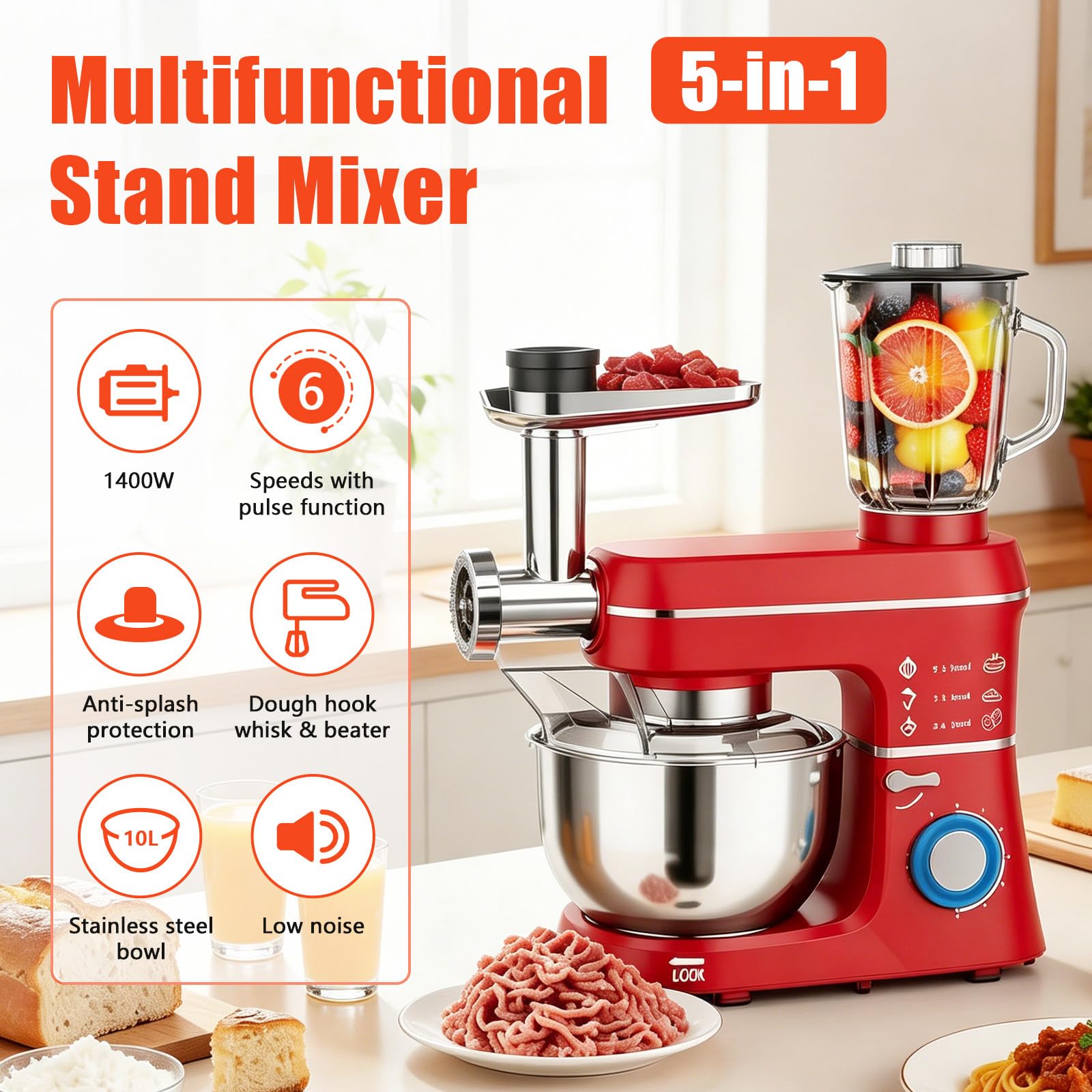 Robot de Cocina multifuncion 10L 1400W 5 en 1, tazón de Acero Inoxidable, Gancho amasador + picadora + exprimidor, Ventosa Antideslizante, para Pizza & Pan & Pasta, para Familia Red