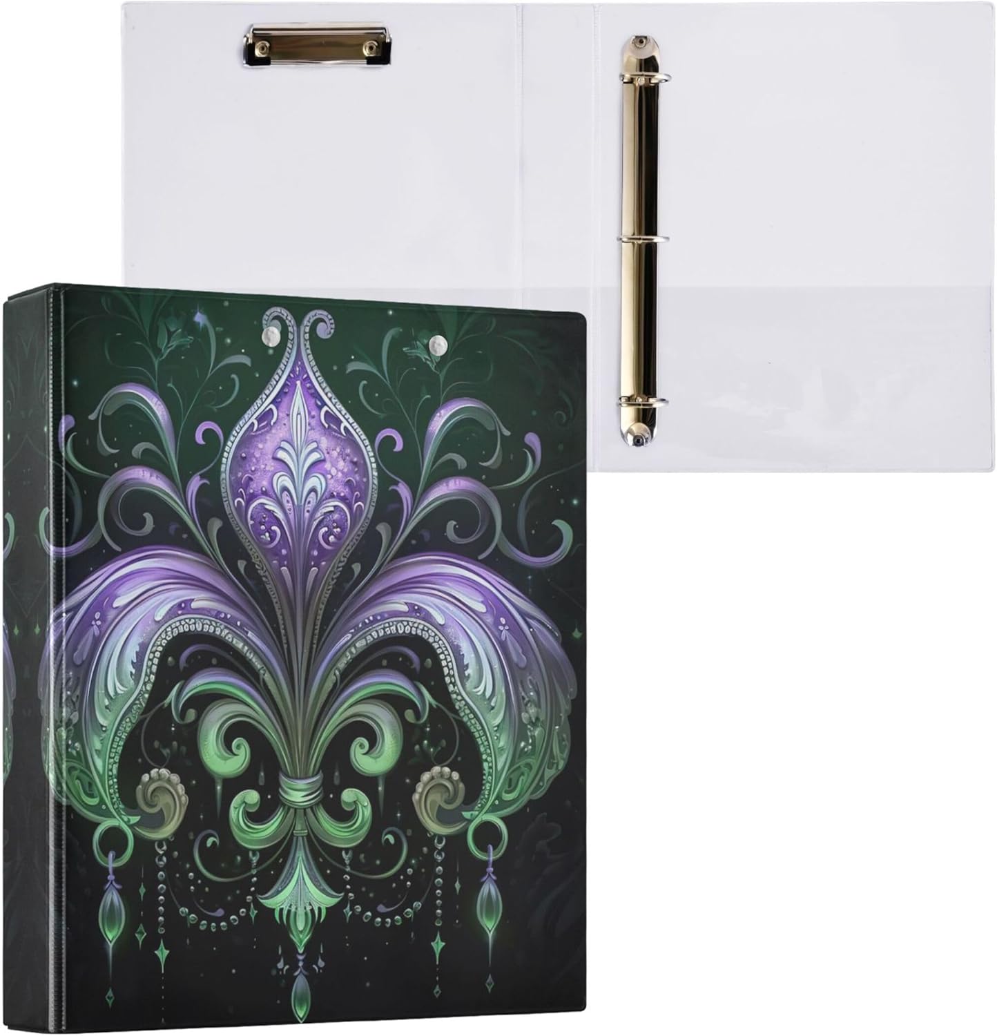 Mardi Gras 3 Ring Binders, 1.5” Round Ring Binders with Clipboard - Letter Size, 3 Interior PVC Clear Pockets & Anti-Slip Clip for Office School Supplies, 2PCS