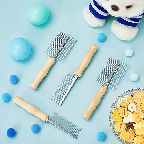 Miniatura 6 de Tessco for you 2 peines de metal para perros, mango de madera, peines de aseo de acero inoxidable, cepillo de doble cara de metal para mascotas,