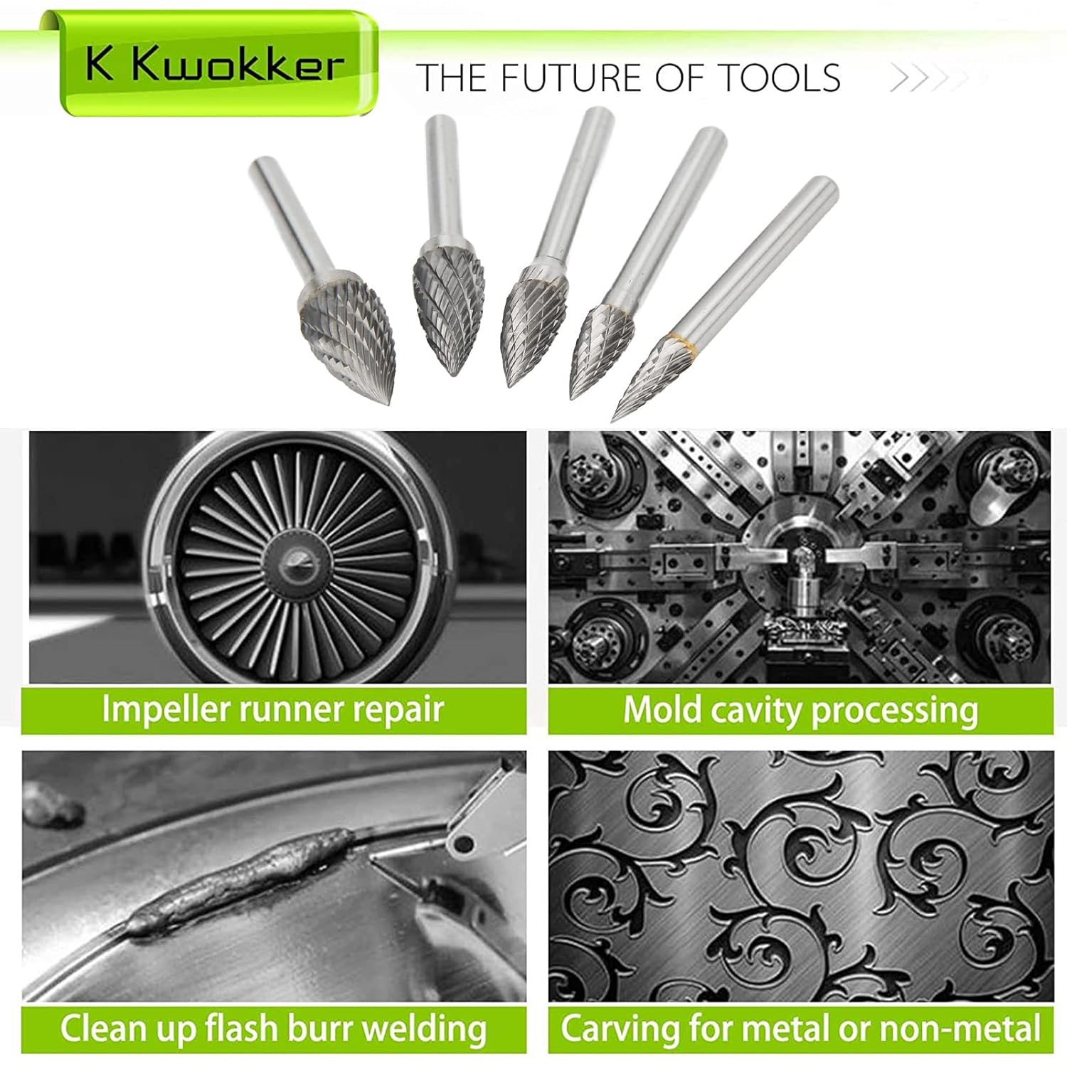5 Pcs Double Cut Carbide Rotary File Set with 6mm Shank, Carbide Burr Set for Aviation Automobile Ship Surface Grinding, High Strength Cemented Carbide Rotary Burrs