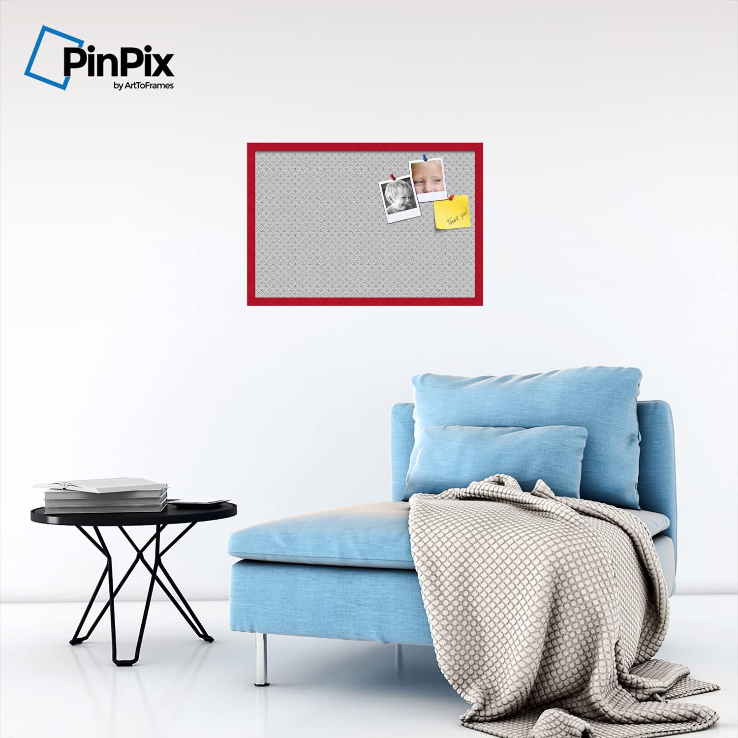 ArtToFrames 30x20 Custom Cork Bulletin Board. This Seamless Circles Black and White Pin Board Has a Fabric Style Canvas Finish, Framed in Red Stain on Beech (PinPix-117-30x20_0066-81792-YRED)