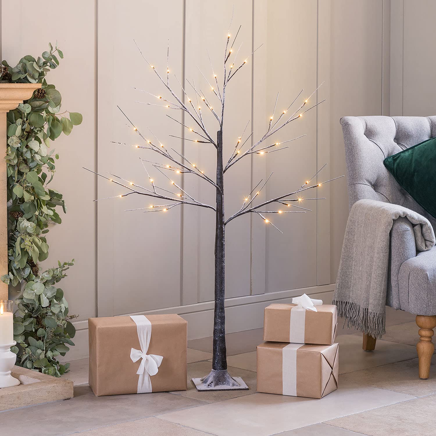 Christow 4Ft - 48 Led Snowy Twig Tree With Lights 4Ft, Pre Lit Birch Christmas Tree, Light Up Warm White Led Decoration, Indoor Outdoor, Mains Operated (48 Led)
