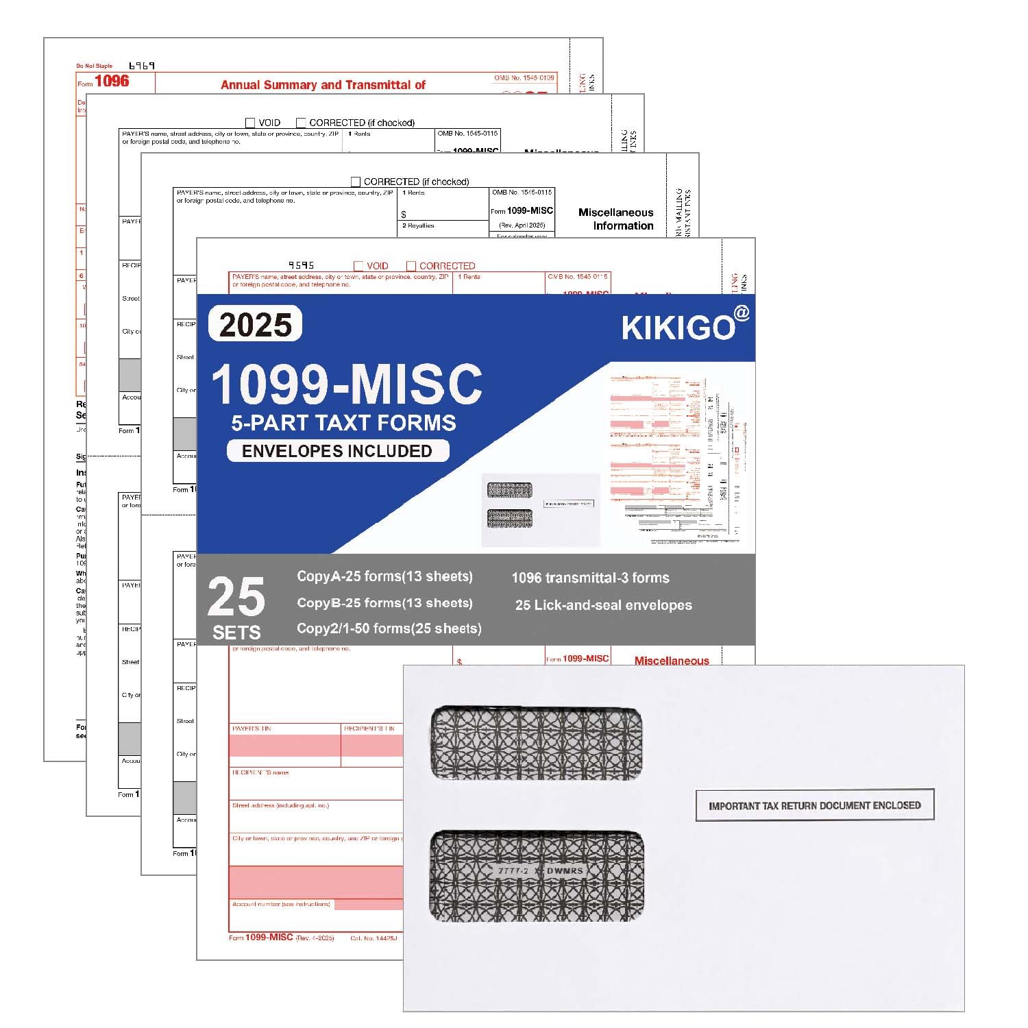 1099 MISC Forms 2025, 4 Part Tax Forms Kit, 25 Vendor Kit of Laser Forms, Compatible with QuickBooks and Accounting Software, 25 Self Seal Envelopes Included