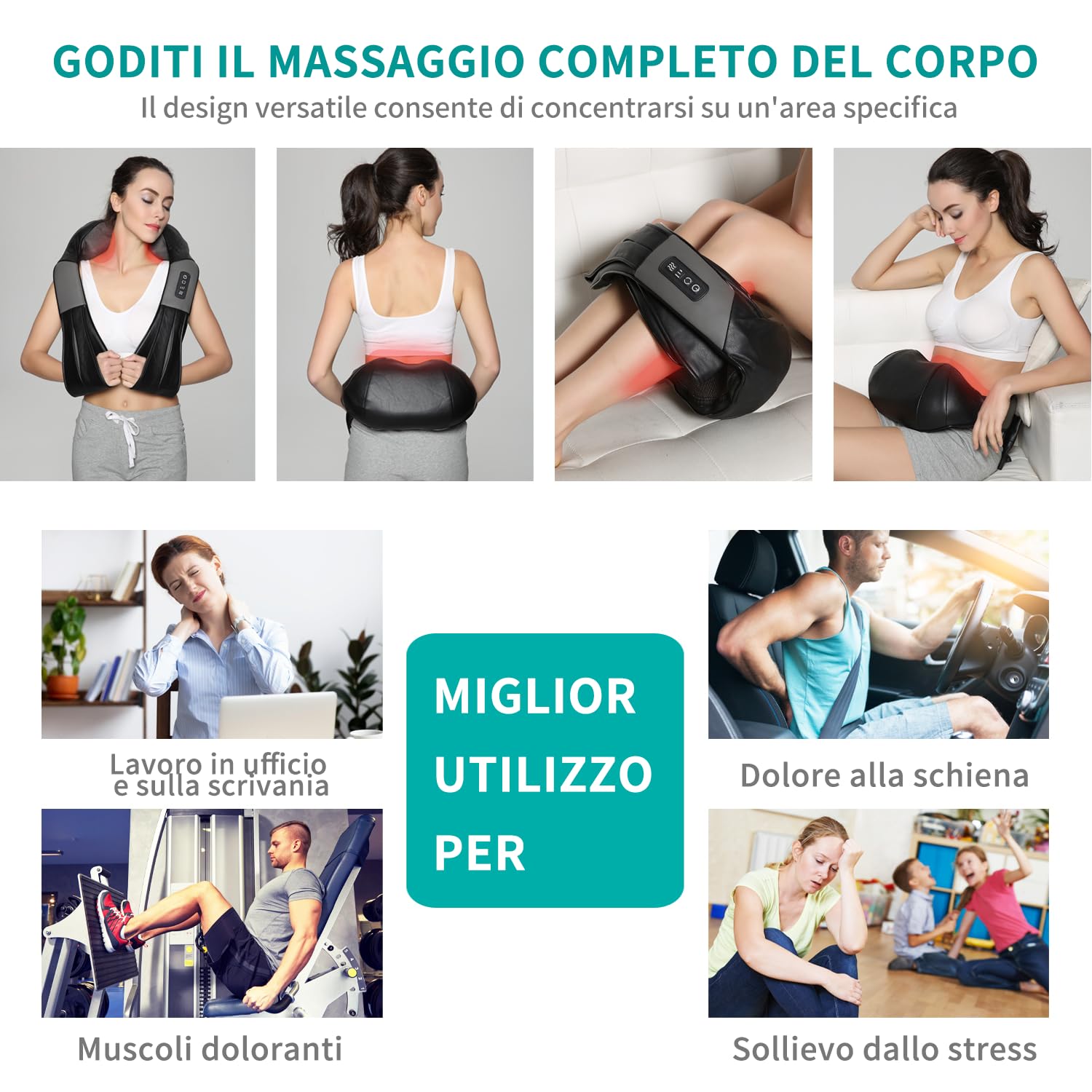 Nekteck Shiatsu collo e massaggiatore posteriore, con calmante calore e tessuto profondo 3D massaggio cuscino, è adatto ，e può essere facilmente utilizzato in casa, ufficio e autoo