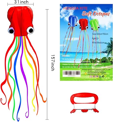 Vista 2 de Hengda Kite Soft Octopus Kite Series, Beautiful Kite with Long Colorful Tail for Kids and Adults, Easy to Fly Beach Kites, Excellent Outdoor