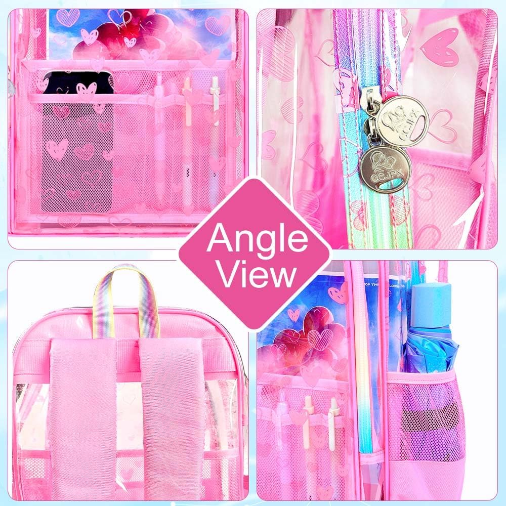 AGSDON 3PCS Clear Backpack for Girls, 17" Kids Heart Transparent Design with Heavy Duty PVC, Includes Lunch Bag and Pencil case- Pink