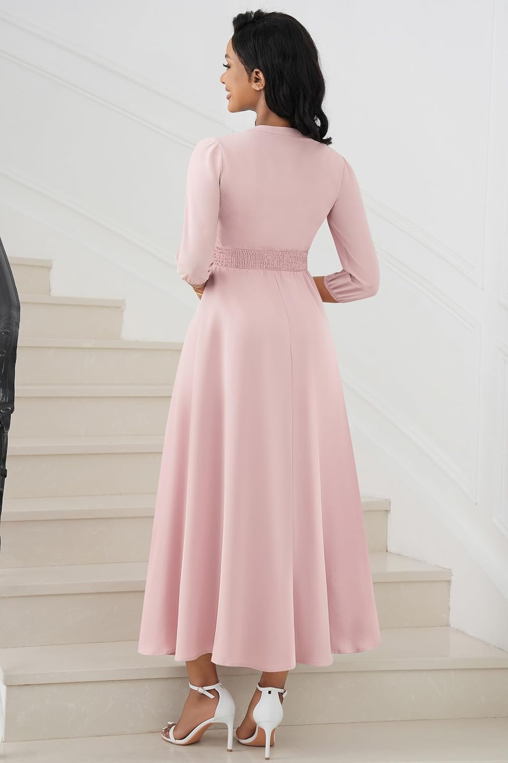 FANDEE Maxi Dress for Women Casual 3/4 Sleeve V Neck Semi Formal Fit and Flare Dress Classy High Waist Wedding Guest Dresses - Image 6