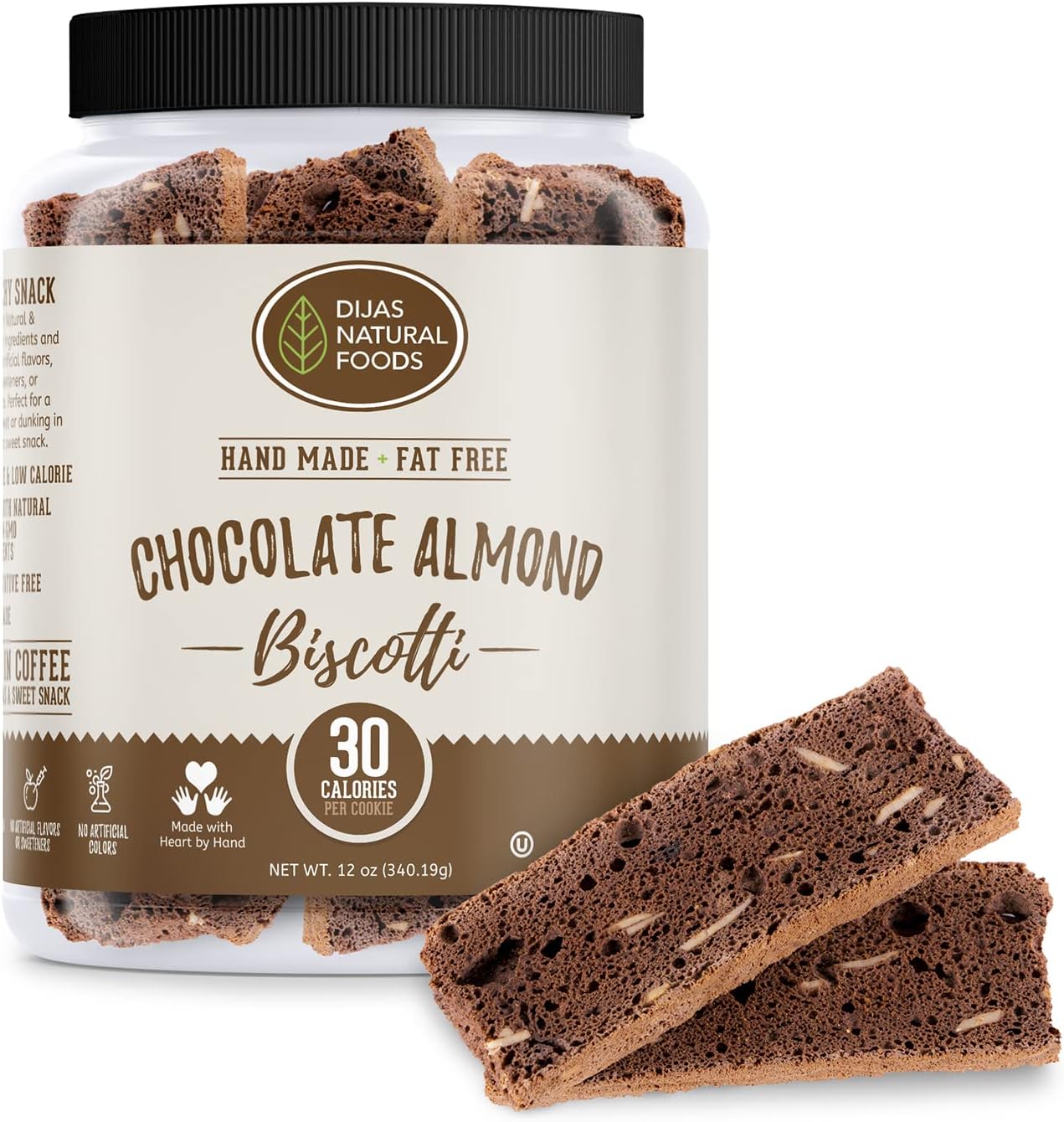 Individually Wrapped Fat Free Biscotti Cookies, All Natural Preservative Free Ingredients, Delicious Low Calorie Snack (12 oz, Chocolate Almond)