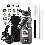 WixByti 32 oz Insulated Water Bottle with Straw (Cold for 48 Hrs), Stainless Steel Triple Wall Vacuum Sports Water Jug, Leakproof Hydro Cup Flask with Paracord Handle & Straw Spout Lids & DIY Stickers
