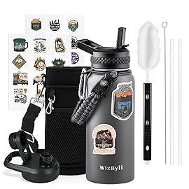 WixByti 32 oz Insulated Water Bottle with Straw (Cold for 48 Hrs), Stainless Steel Triple Wall Vacuum Sports Water Jug, Leakproof Hydro Cup Flask with Paracord Handle & Straw Spout Lids & DIY Stickers