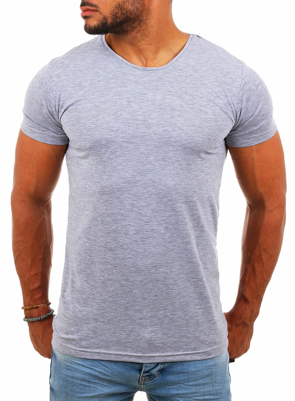 Young & Rich Herren Uni Basic T-Shirt mit Rundhals Ausschnitt einfarbig Stretch körperbetonte Dehnbare Passform 1701