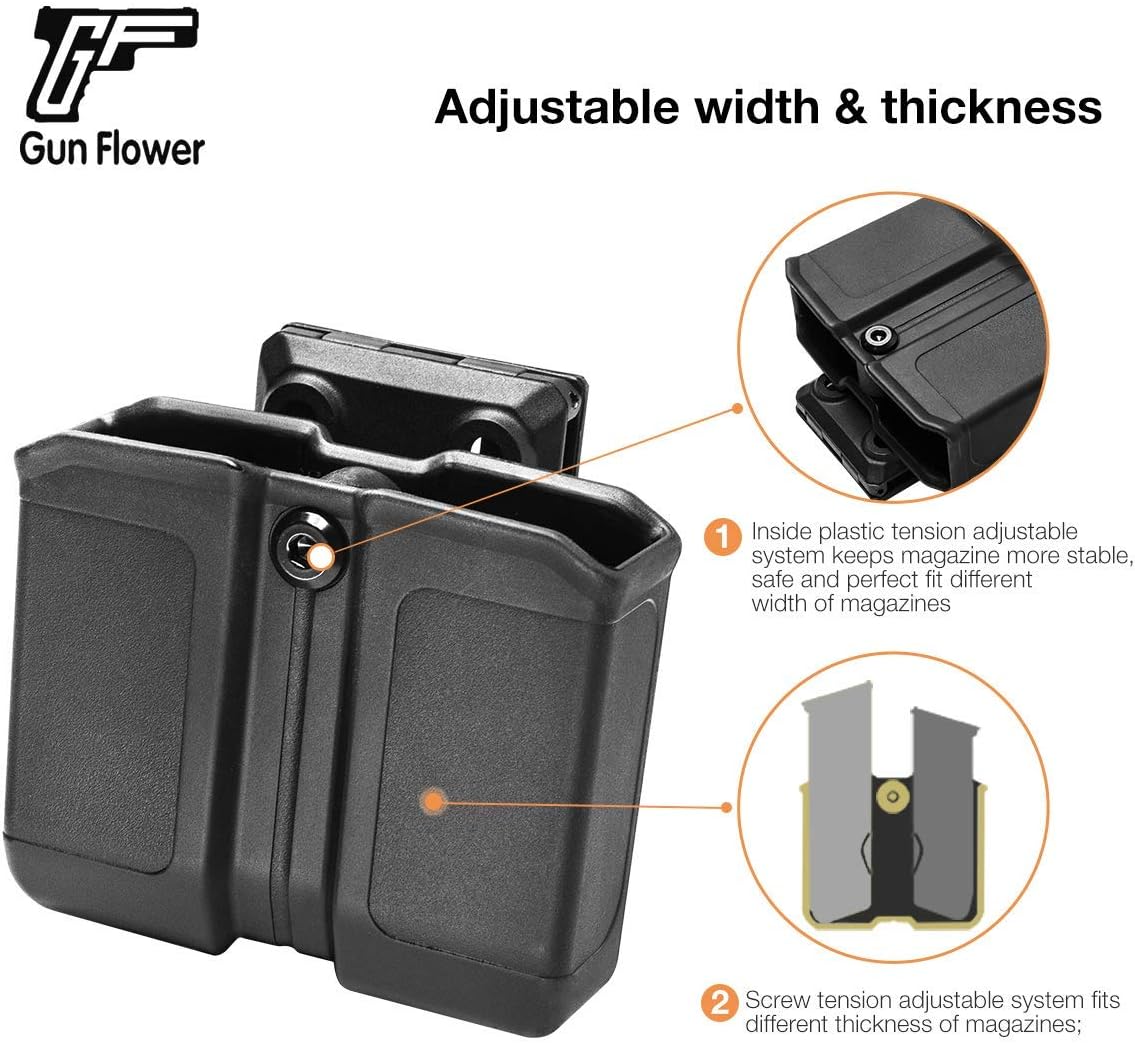 Universal Double Magazine Holster for 9mm/.40 Double Stack Mags, OWB Mag Pouch with Molle/Belt Clip for Glock 17/19, P365, Hellcat Pro & More, Adjustable Cant, Fits Duty & Tactical Belts
