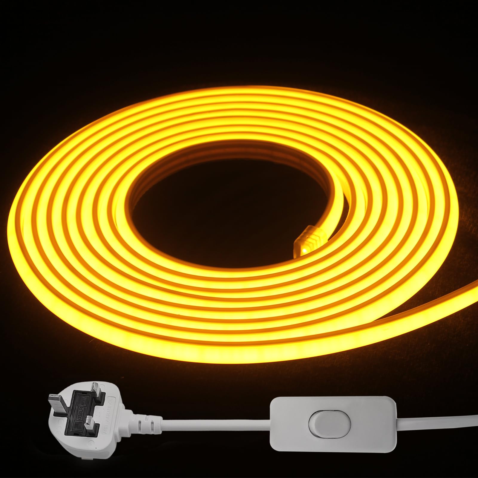 STHomedeco LED Strip Light - Flexible COB Neon Light Strip, Cut to 10cm, IP65 Waterproof 220V Neon Rope Strip for Indoor Outdoor Decor with UK Plug Power Supply (Yellow, 20M)