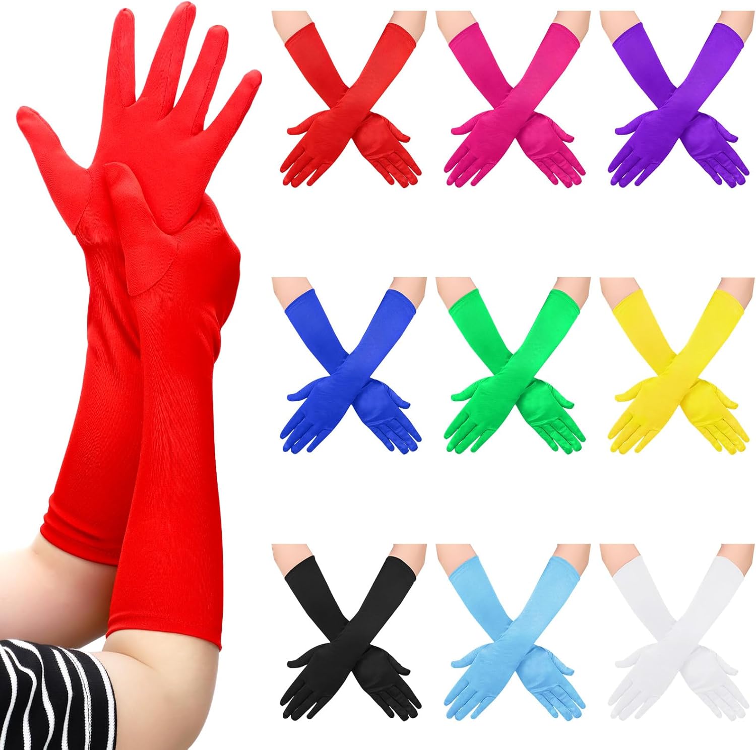 9 Pcs Long Satin Gloves for Women Elbow Length Opera Gloves 1920s Evening Party Mitten for Adult, 9 Color - Image 2