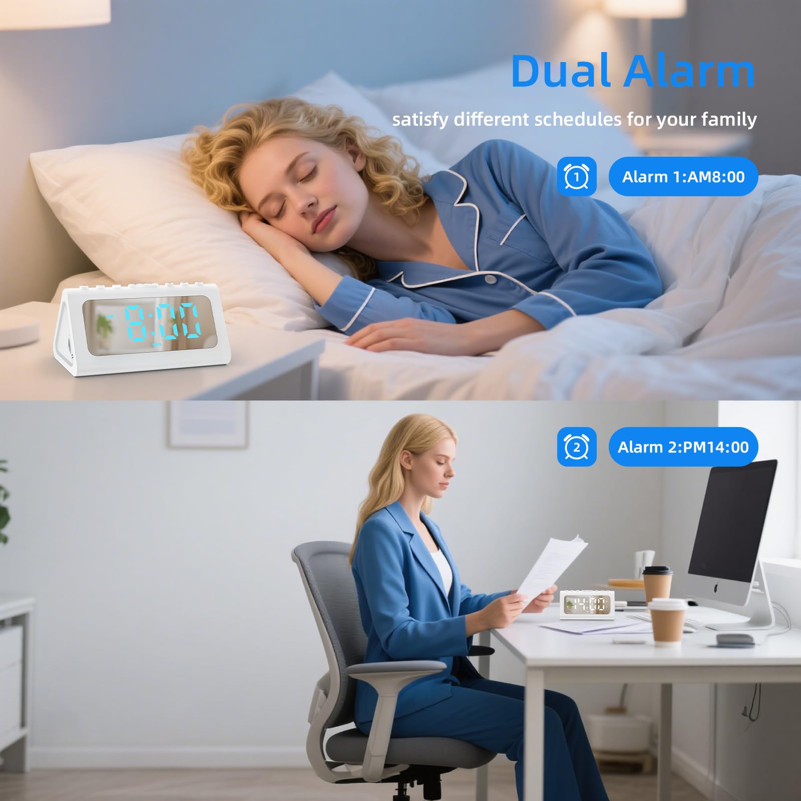 Cooluck Reloj despertador fuerte para dormitorios con sueño pesado, reloj digital junto a la noche con luz nocturna, alarma dual, sonidos naturales, volumen ajustable, regulador, modo diario/día de