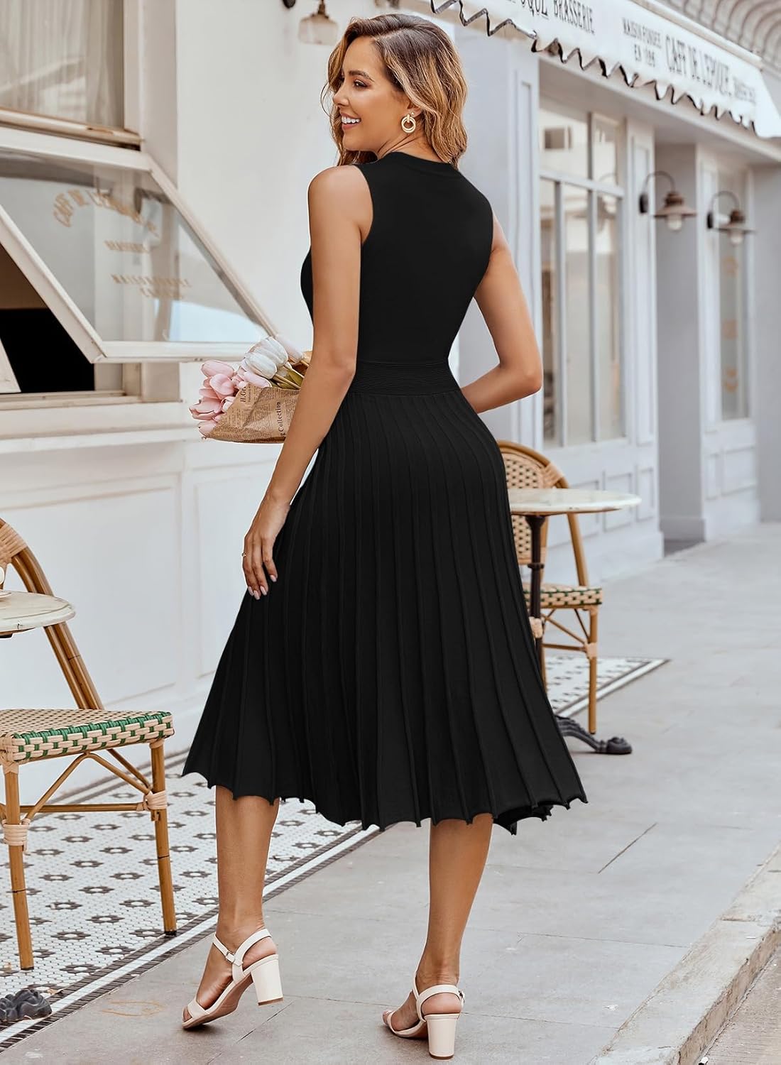 Pink Queen Women's Crew Neck Sleeveless High Waisted Bodycon Pleated Ribbed Swing Knit Midi Dresses - Image 5