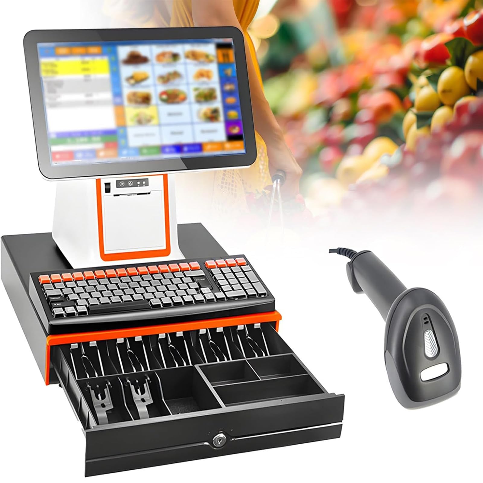 Registratore di cassa POS intelligente con stampante termica integrata, monitor touch screen, display del cliente, cassetto cassa e scanner - Pacchetto POS completo