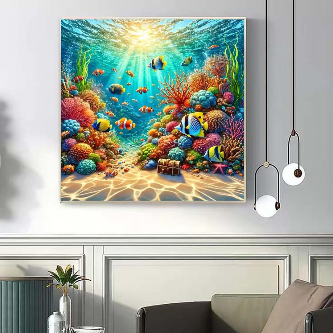 Fish Diamond Art Kits for Adults,5D Sea Coral Reef Landscape Diamond Painting Kits for Adults Beginner,DIY Full Drill Diamond Dot Painting Gem Art Kits for Adult,Home Wall Decor 13.79 X 13.79Inch - 5