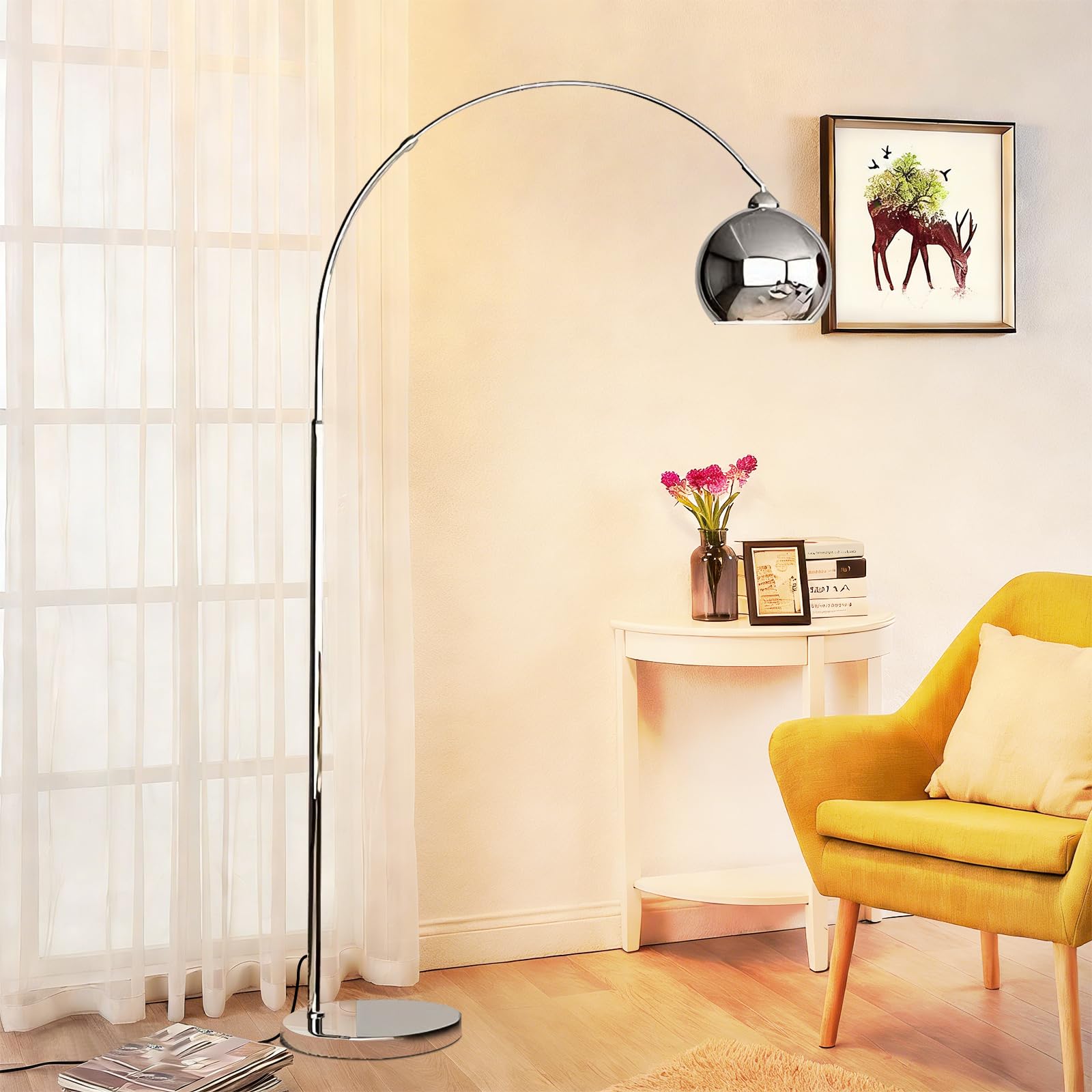 Lampada da terra moderna cromata, lampada da terra ad arco in metallo argentato con testa regolabile, elegante lampada da terra alta 70,9 pollici, lampade da lettura per soggiorno