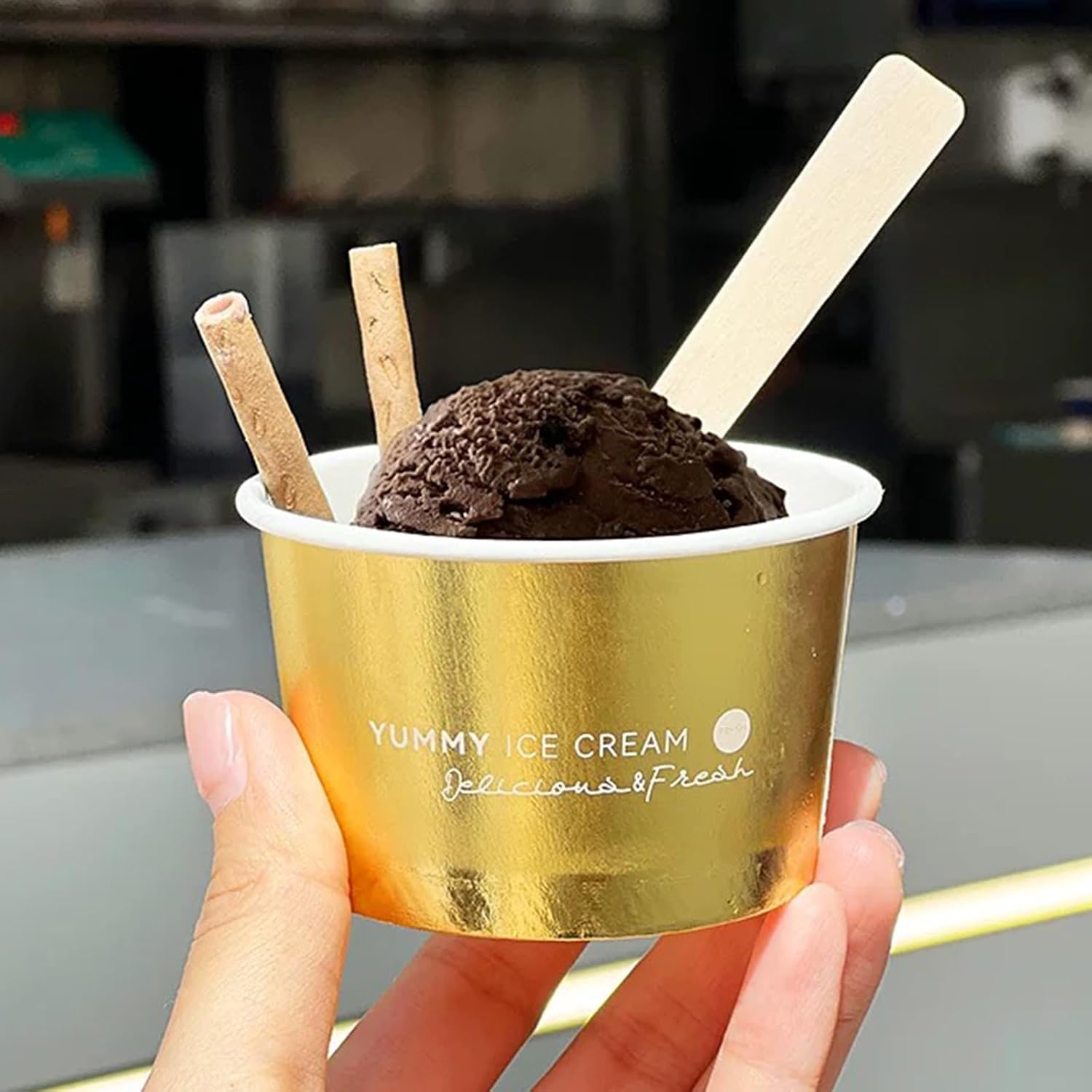Gold Ice Cream Paper Cups 7 oz [50 pack] Disposable Dessert Bowls | Hot Cold Food Container Birthday Christmas Party Supplies Treat Snack Gold Foil Bowls for Frozen Yogurt Bar Diners Bakeries