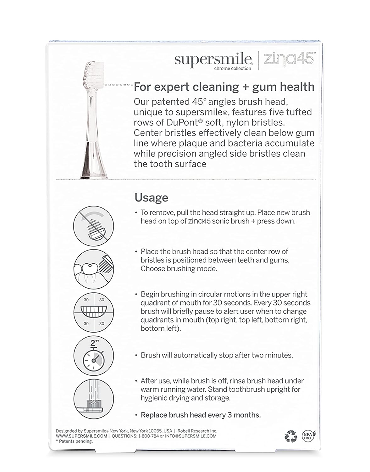 Supersmile Zina45 Replacement Brush Heads for Sonic Pulse Toothbrush